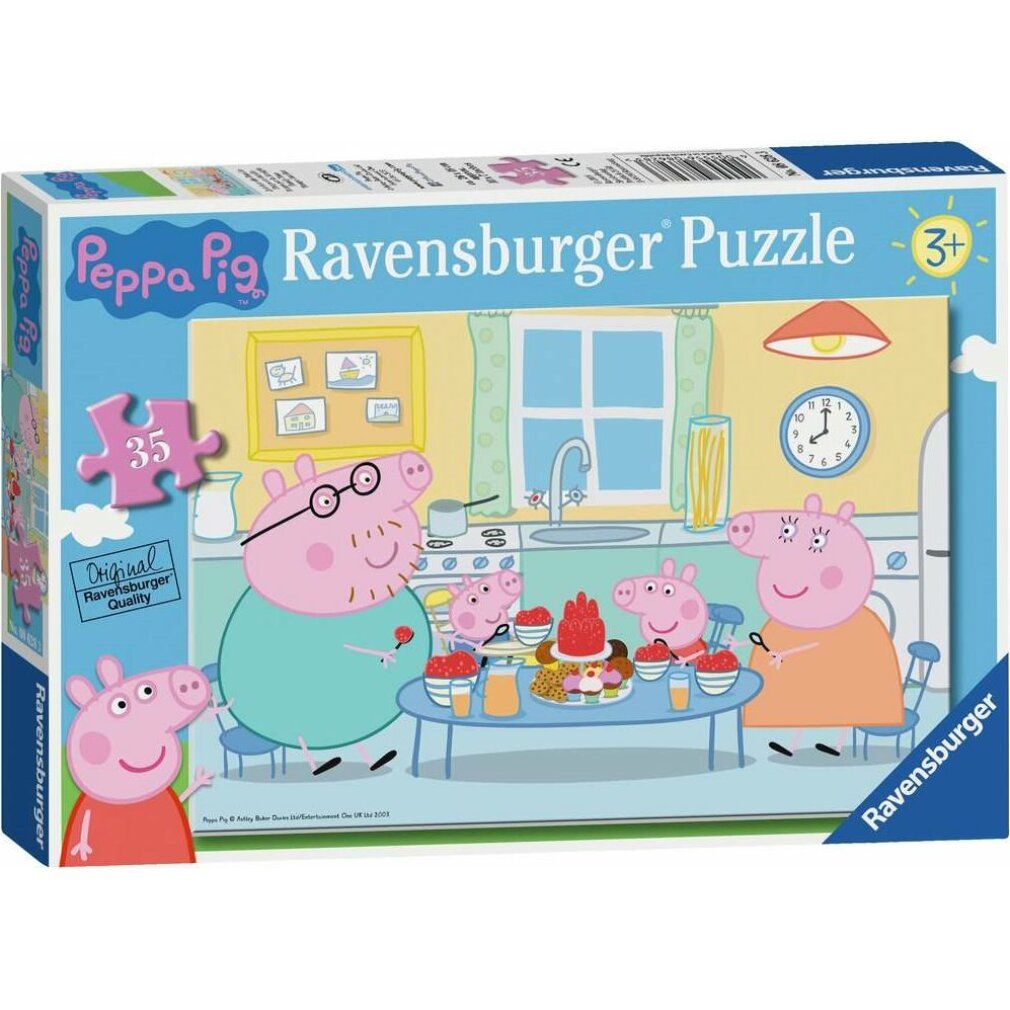 Puzzle Ravensburger Peppa Pig: Familienzeit, 35 pezzi. Scatola con immagine del puzzle della famiglia a tavola.
