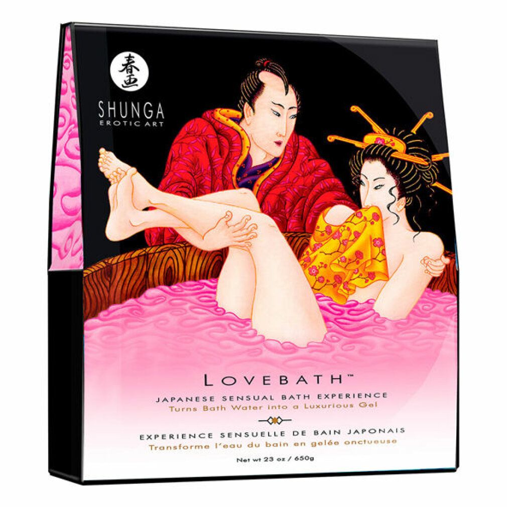 Confezione con illustrazione di una coppia in una vasca da bagno. Testo: LOVEBATH, SHUNGA EROTIC ART. Contenuto: 650g.