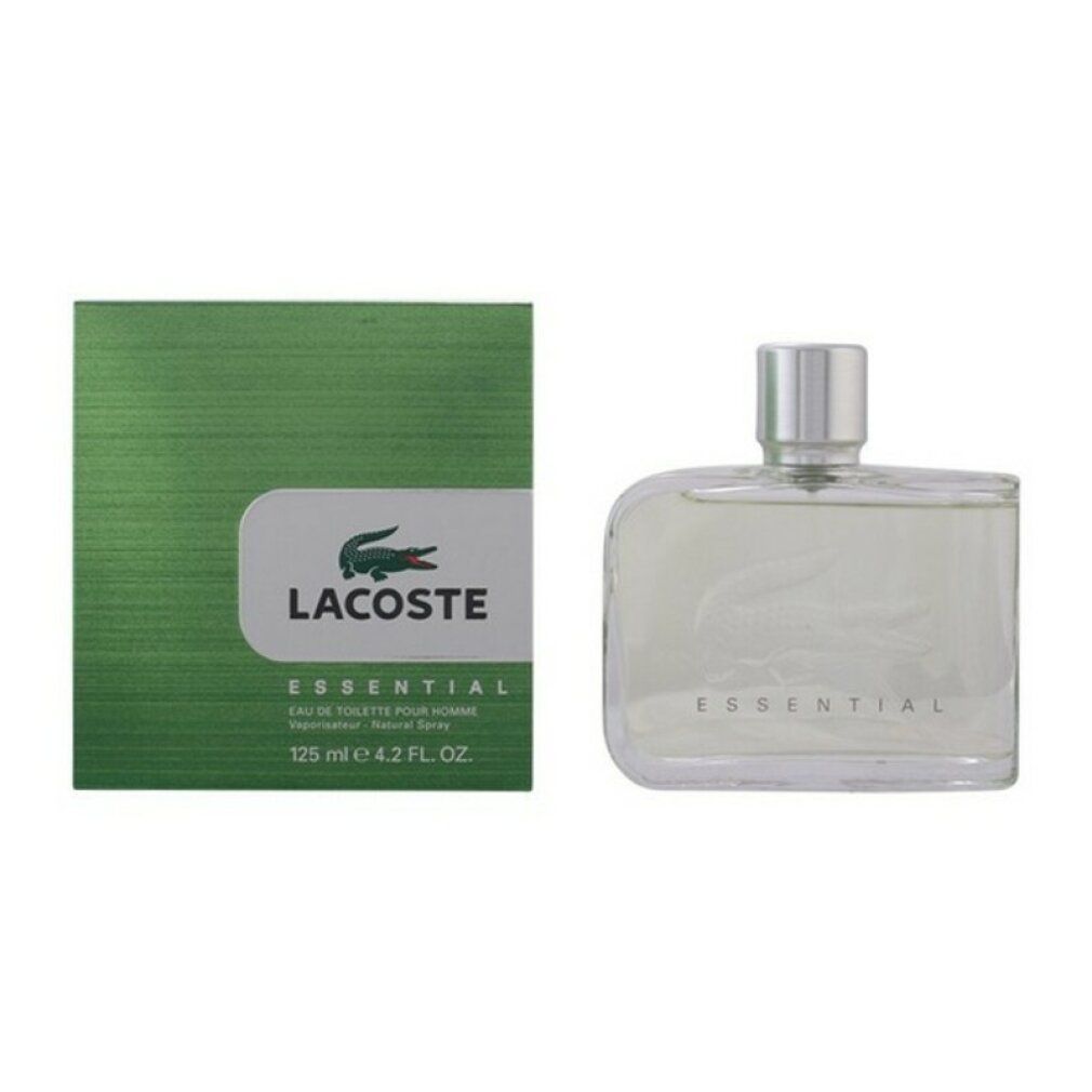 Confezione verde e flacone in vetro. Logo "LACOSTE" e "ESSENTIAL". Flacone con tappo argentato. 125 ml.