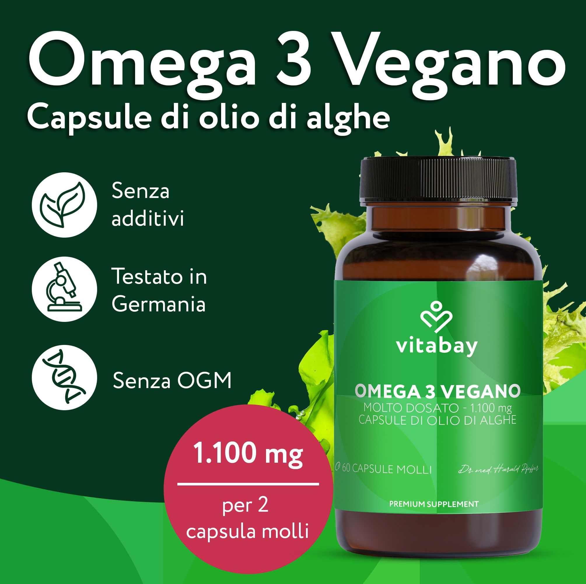 Flacone Omega 3 Vegan. Testo: 1.100 mg per 2 capsule molli. Senza additivi. Testato in Germania. Senza OGM.