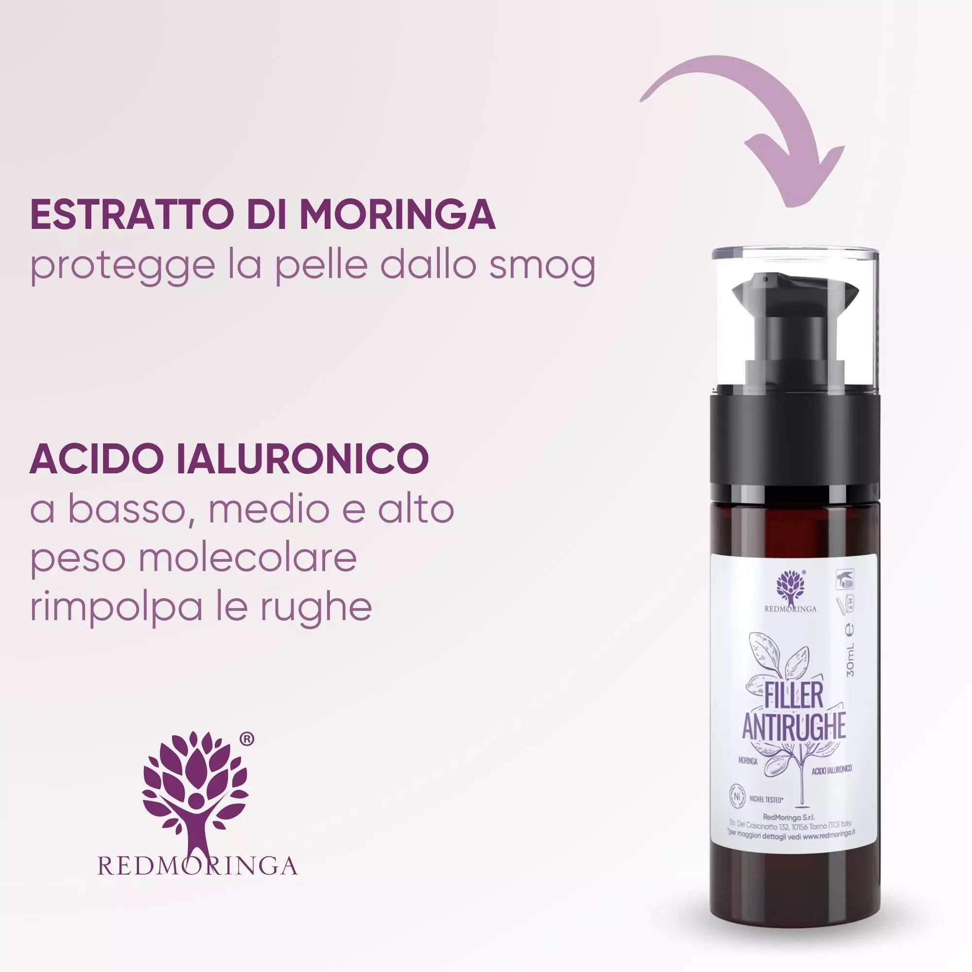 RedMoringa Siero Antirughe Effetto Filler Immediato con Acido Ialuronico e Moringa