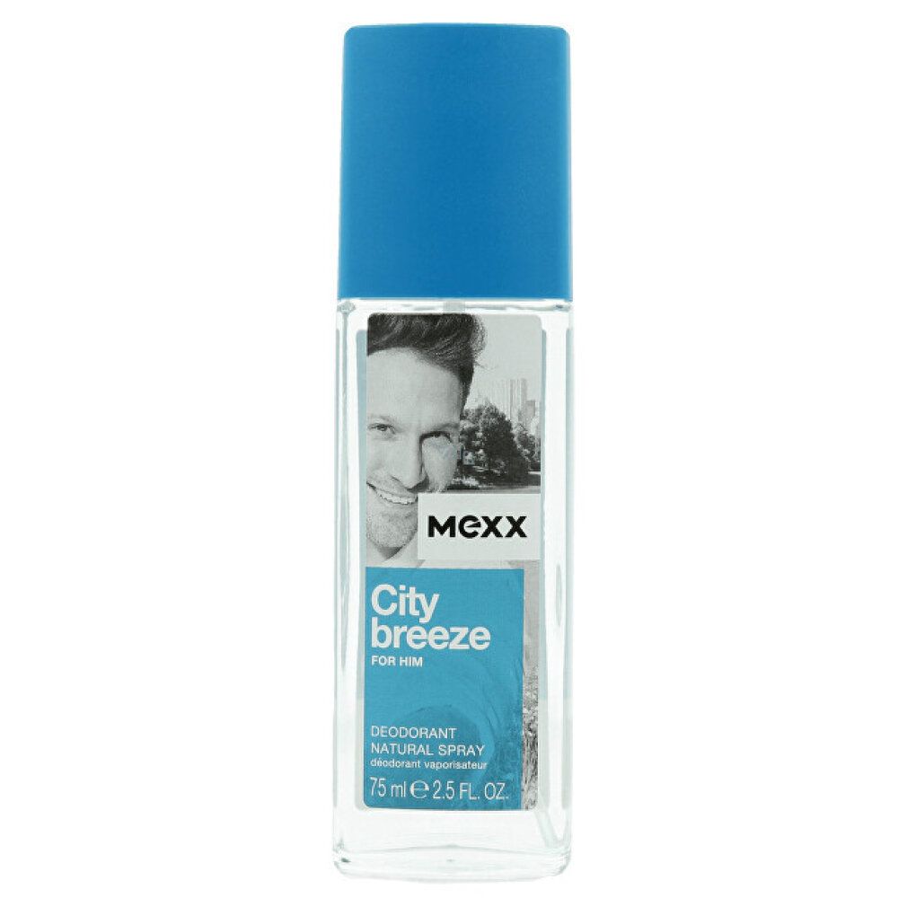 Flacone spray deodorante con tappo blu. Etichetta con uomo, logo e nome prodotto: City Breeze For Him. Testo: Natural Spray, 75 ml.