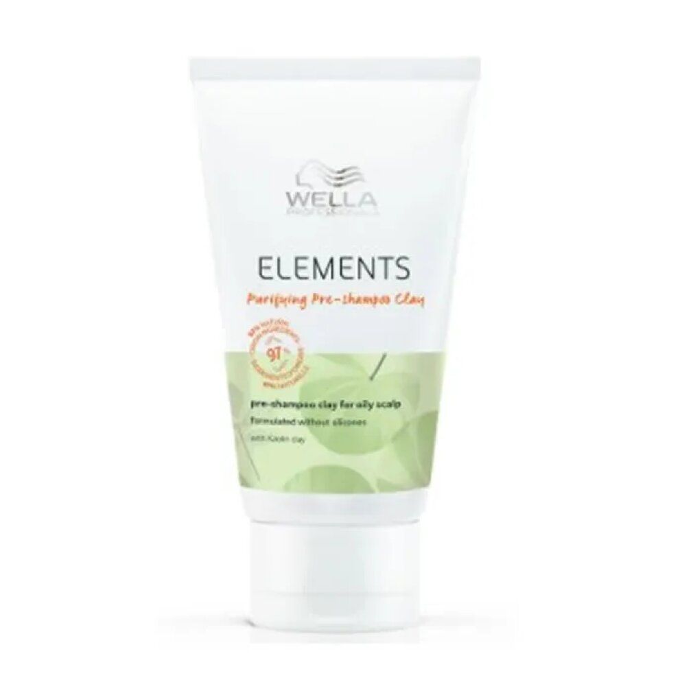 Tubo bianco Wella Elements. Scritto: Purifying Pre-shampoo Clay, 91% ingredienti naturali. Senza siliconi.