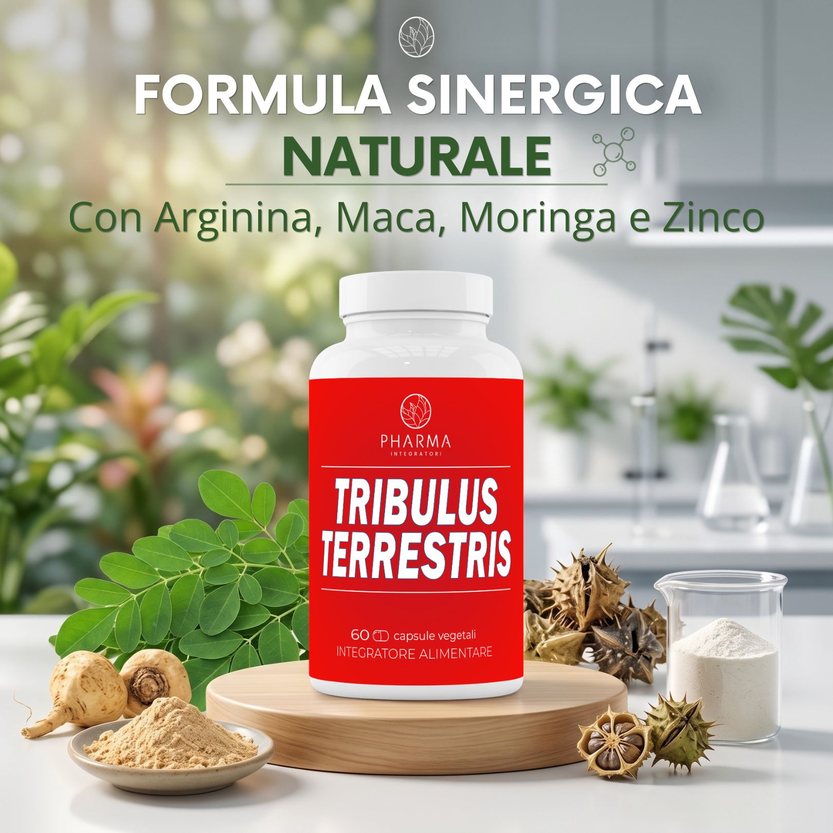 Contenitore di capsule Tribulus Terrestris con ingredienti come Maca e Moringa. Formula sinergica naturale.