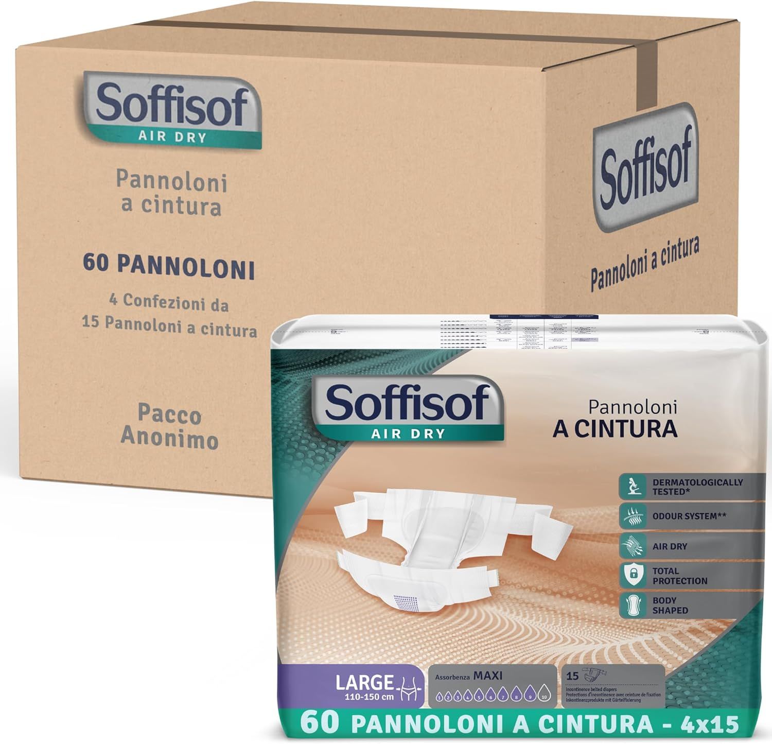 Scatola di pannoloni per incontinenza. 60 pezzi. Con cintura. Dermatologicamente testato, controllo odori, Air Dry, Total Protection.
