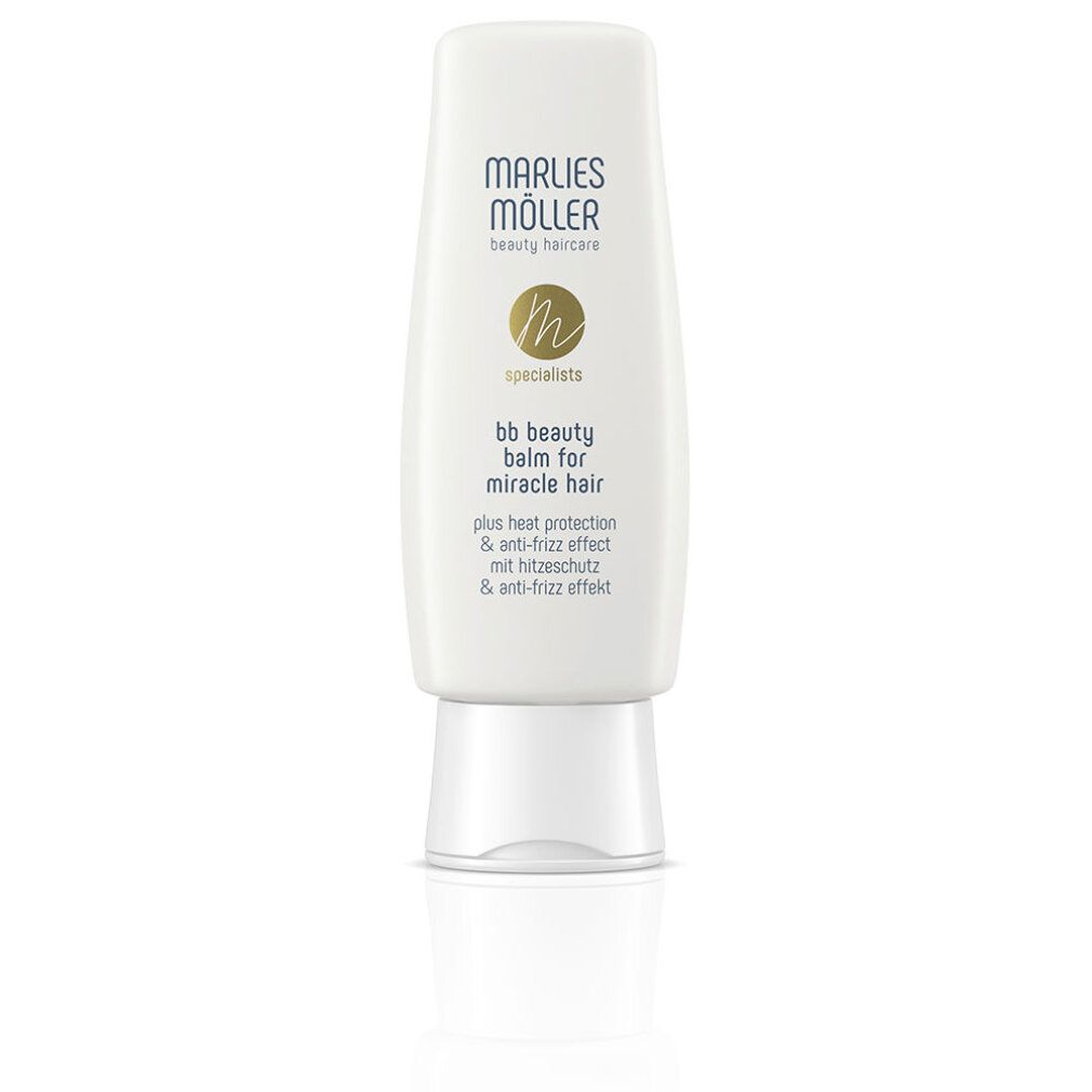 Tubo bianco con testo bianco. Scritta: Marlies Möller, BB beauty balm for miracle hair. Contiene protezione termica e anti-crespo.
