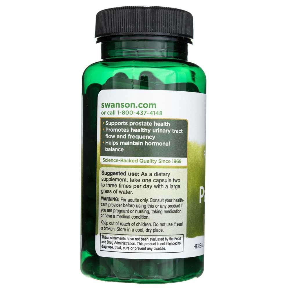 Retro di una bottiglia di capsule di Saw Palmetto con istruzioni per l'uso.
