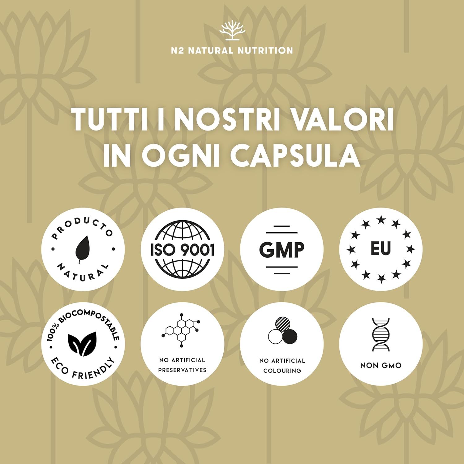 Loghi circolari: Prodotto, ISO 9001, GMP, EU, 100% compostabile, senza conservanti, senza coloranti, senza OGM.