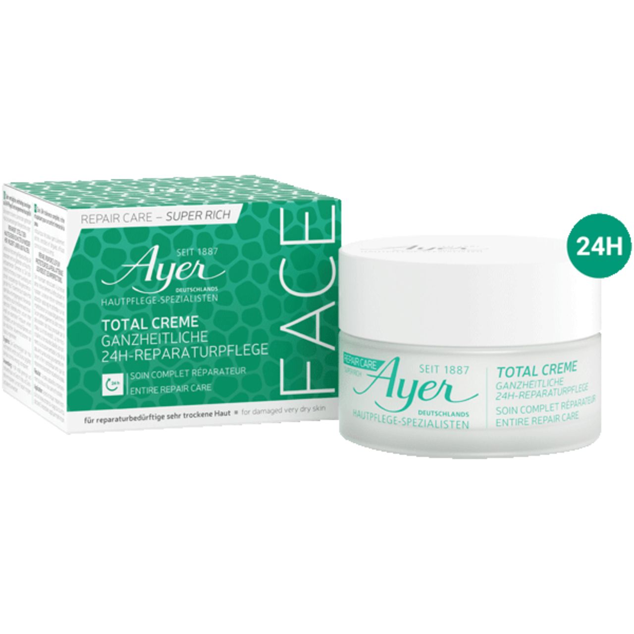 Ayer Total Creme, vasetto e confezione. Scritta: Cura riparatrice 24H. Confezione verde e bianca.