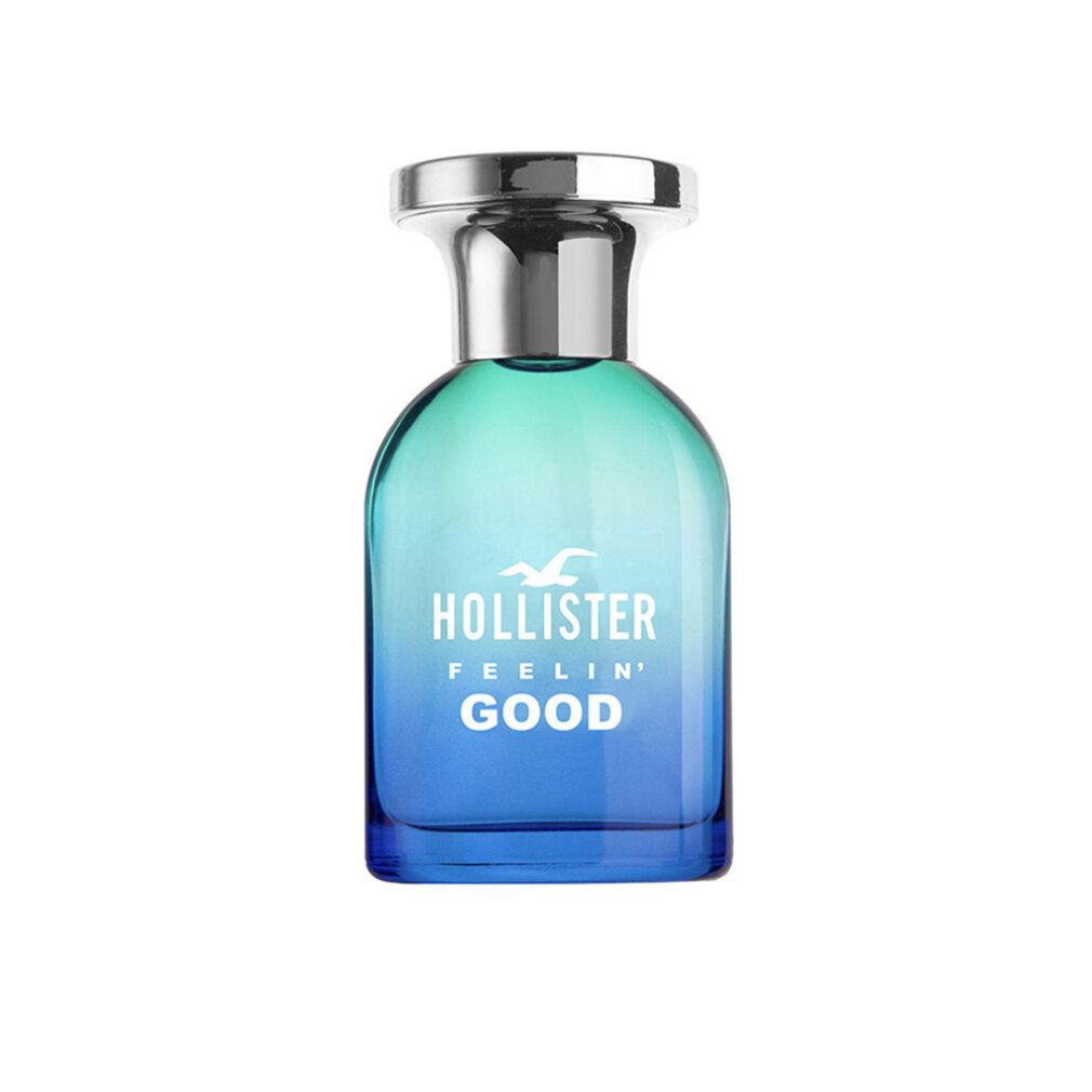 Flacone blu-verde con tappo argentato. Scritta: Hollister Feelin' Good. Logo: gabbiano. Eau de Toilette Spray.