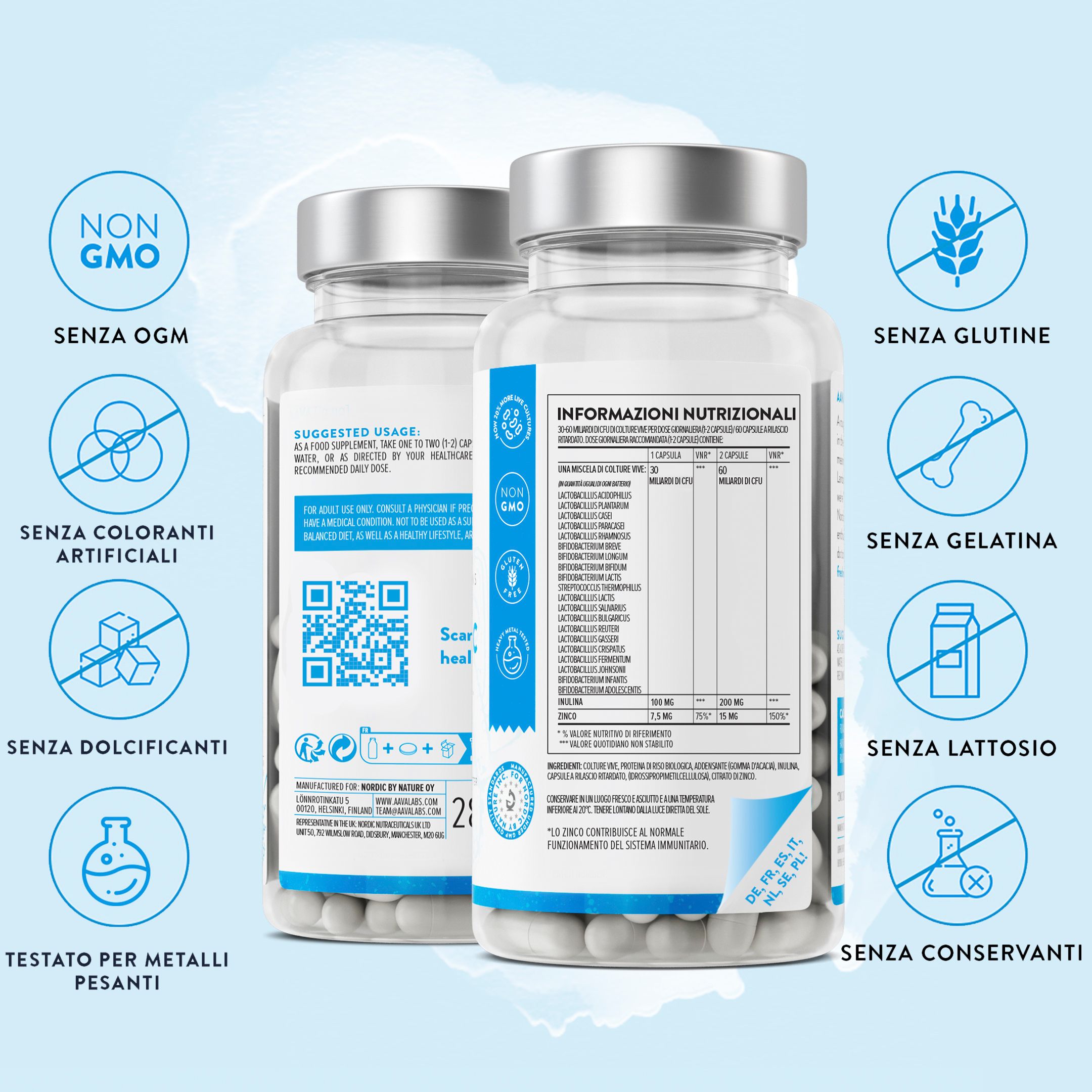 Due flaconi di Probiolac. Scritta: Senza OGM, glutine, coloranti artificiali, lattosio, conservanti.