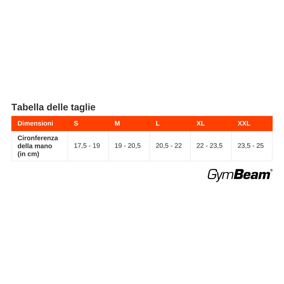 Tabella taglie per guanti da fitness: circonferenza mano in cm per taglie S-XXL. Marchio GymBeam.