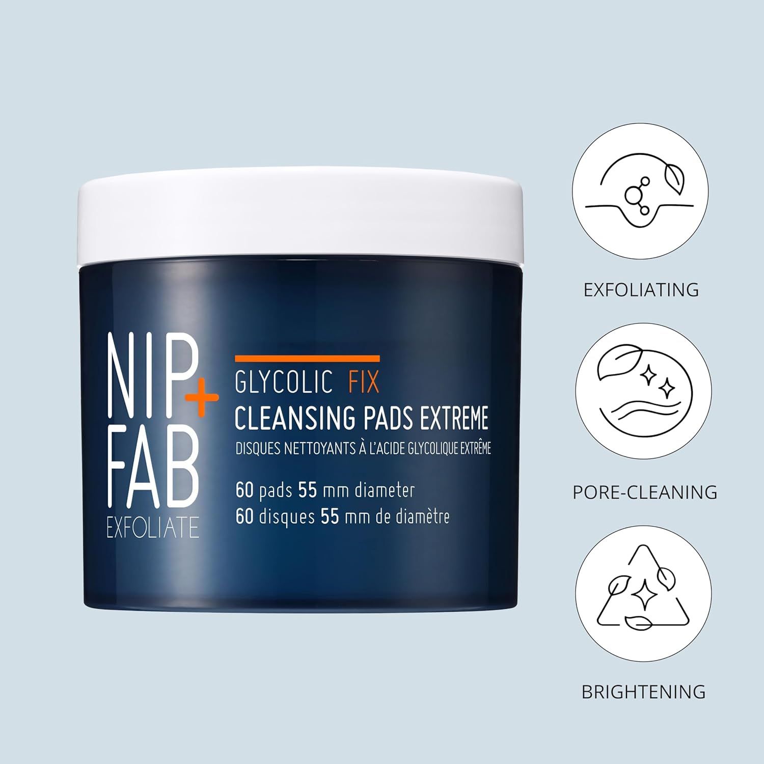 Vasetto bianco con Nip+Fab Glycolic Fix Cleansing Pads Extreme. Scritta: Glycolic Fix.