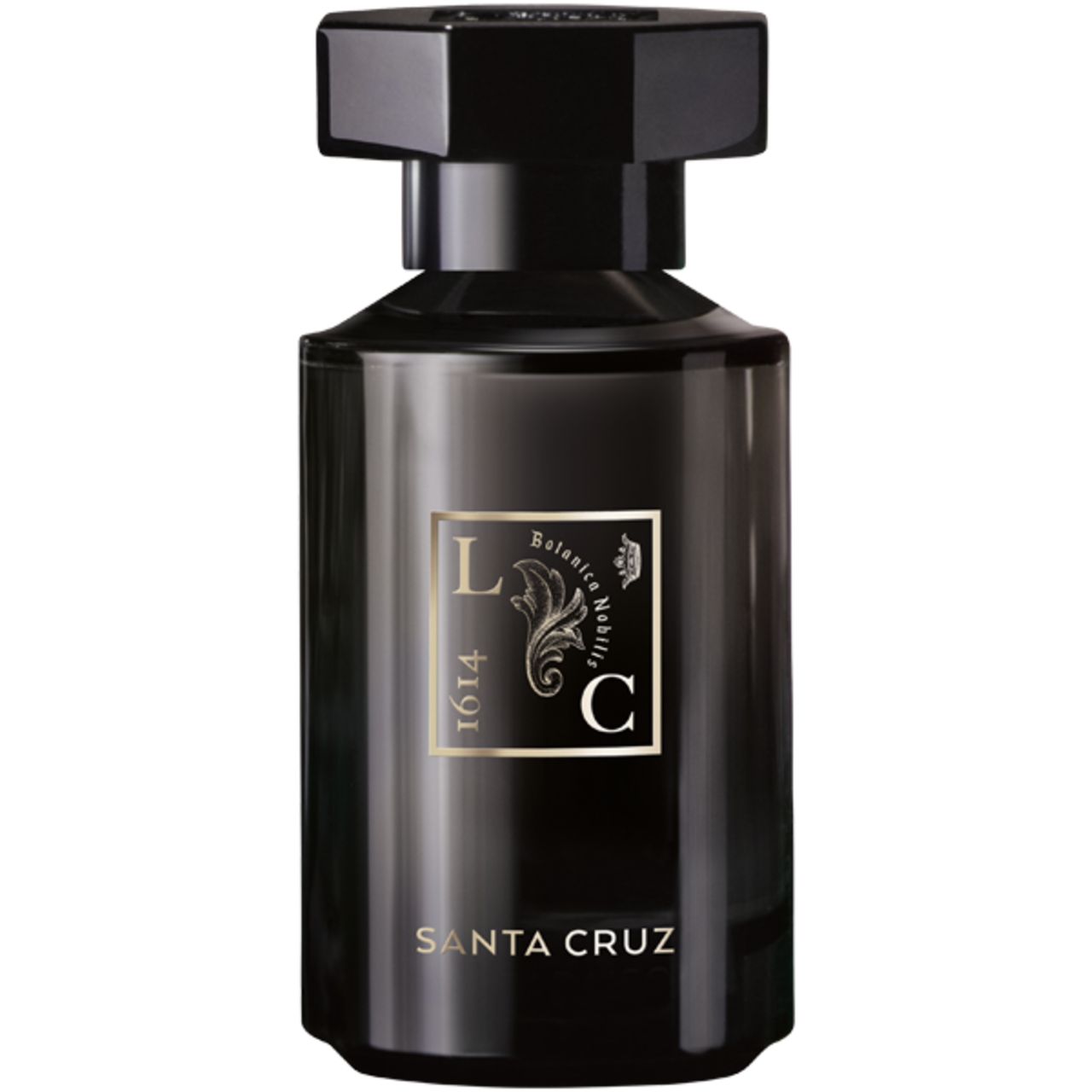 Flacone nero con tappo nero. Testo dorato "SANTA CRUZ" e logo con "1614" visibili.