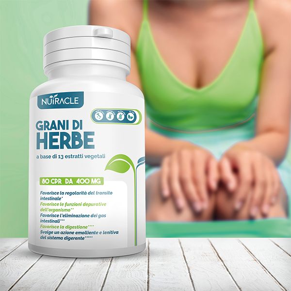 Flacone di prodotto su sfondo sfocato. Testo: "Grani di Herbe". 80 CPR DA 400 MG.