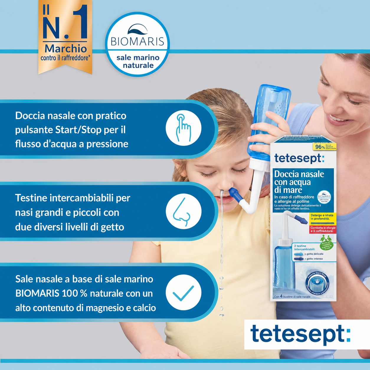 Doccia nasale blu con confezione. Testo: tetesept Doccia Nasale con Acqua di Mare. Bambino e donna.
