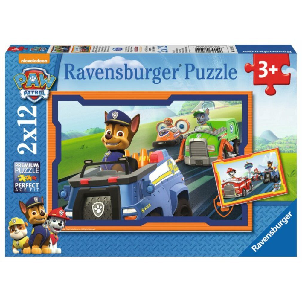 Scatola puzzle Ravensburger con motivo Paw Patrol. Mostra 2x12 pezzi, età consigliata 3+. Confezione con personaggi Paw Patrol.