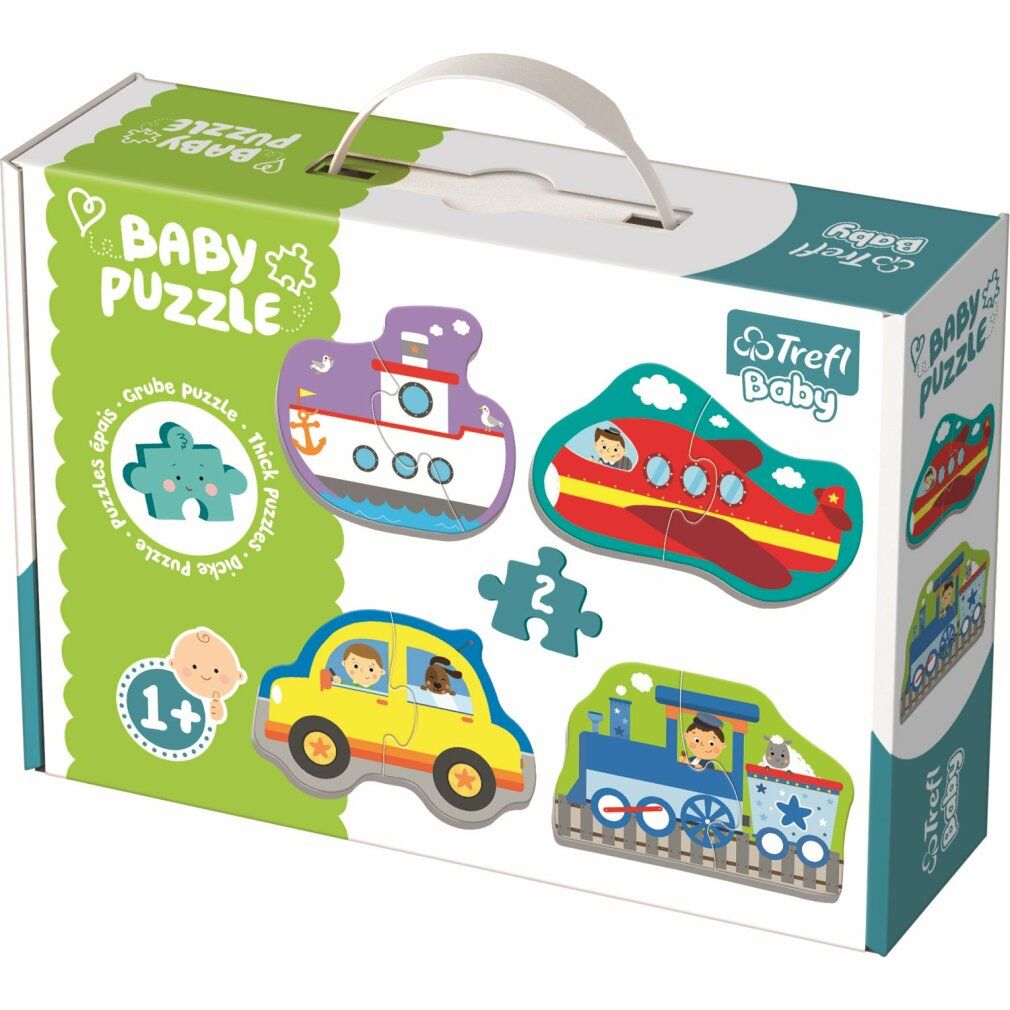 Confezione di puzzle per bambini. Contiene puzzle di nave, aereo, auto e treno. Marchio: Trefl Baby.