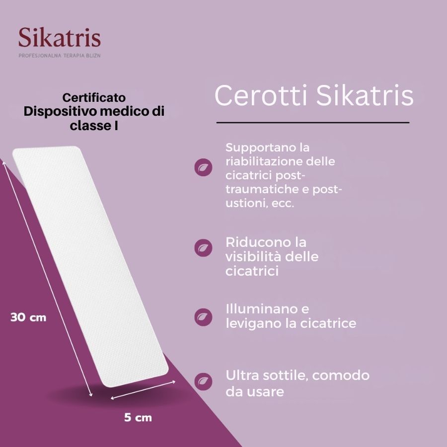 Cerotto in silicone. Dimensioni: 5 cm x 30 cm. Testo: Cerotti Sikatris. Certificazione: Dispositivo medico di classe I.