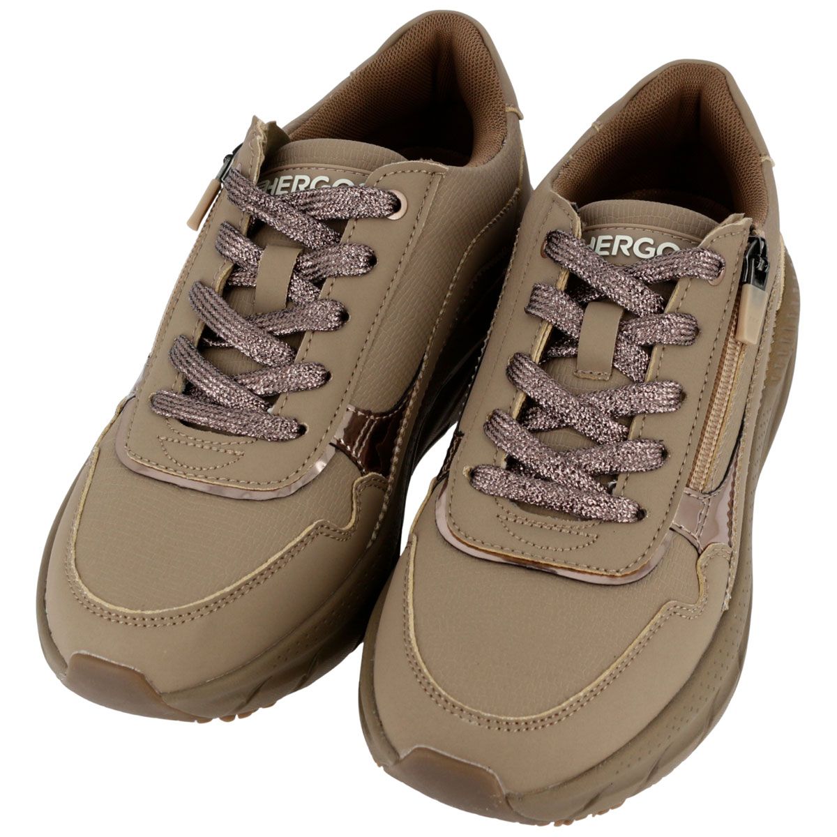 Sneaker beige con lacci e zip. Marchio HERGOS. Vista laterale.