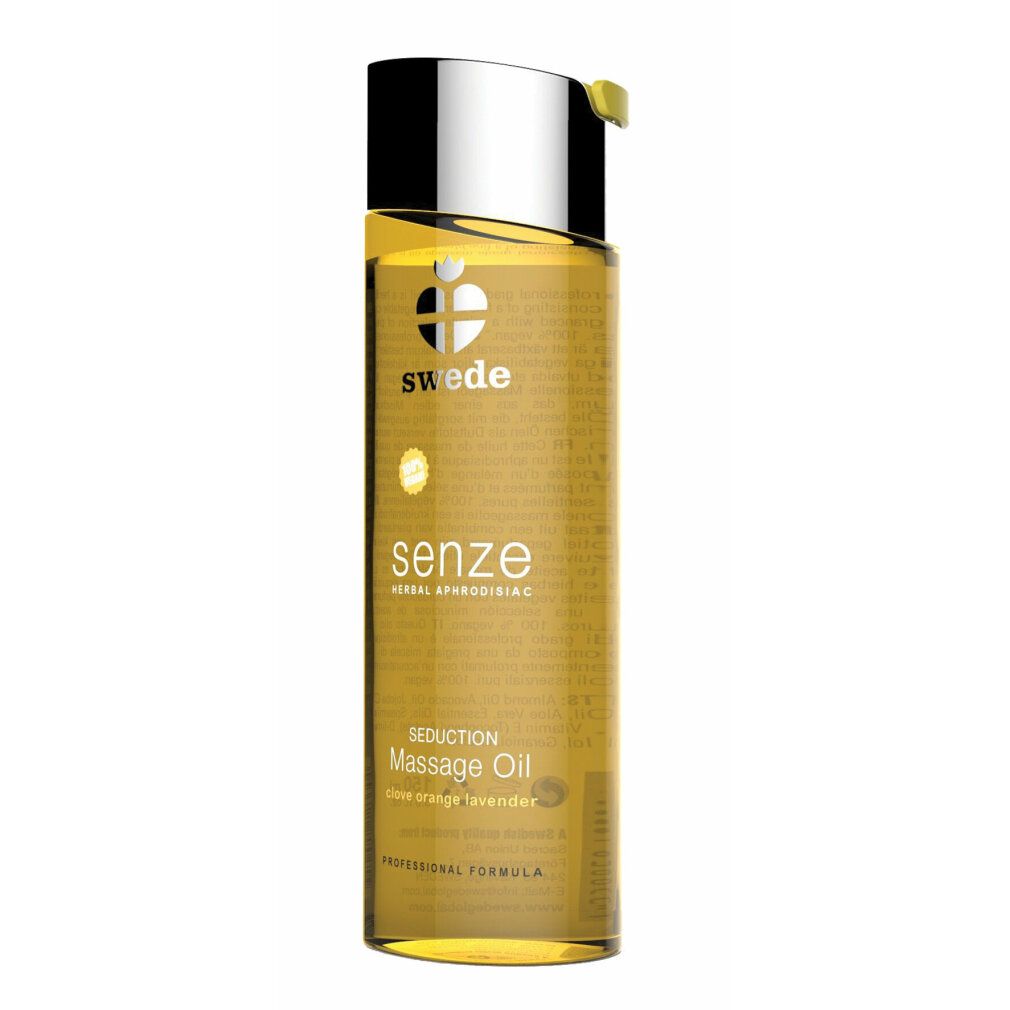 Flacone cilindrico di olio per massaggio. Scritte: Swede, Senze, Massage Oil. Tappo argentato con chiusura gialla.
