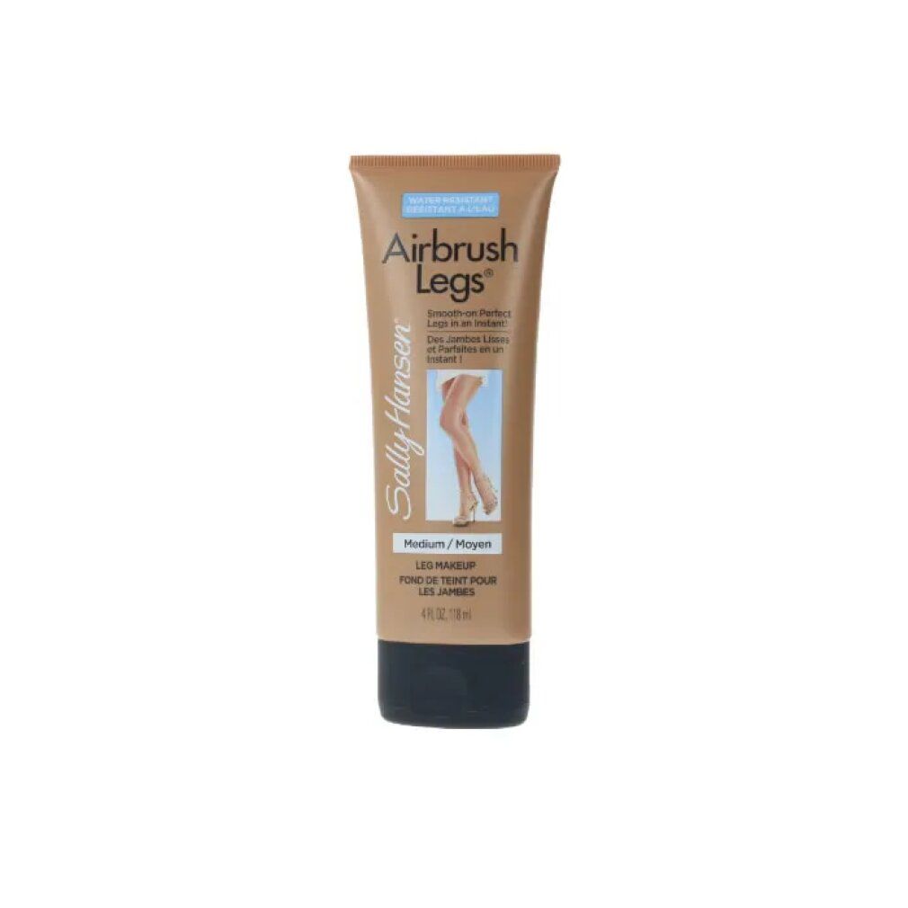 Tubo beige con tappo nero. Scritta: Airbrush Legs, Medium/Moyen, Leg Makeup. Immagine di gambe.