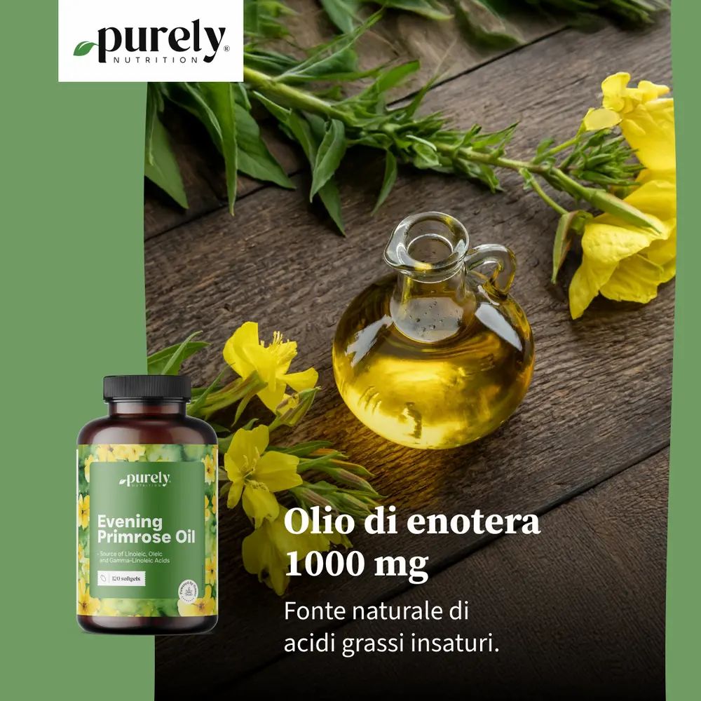 Flacone olio di enotera 1000 mg accanto a olio in contenitore di vetro. Piante e fiori su legno.