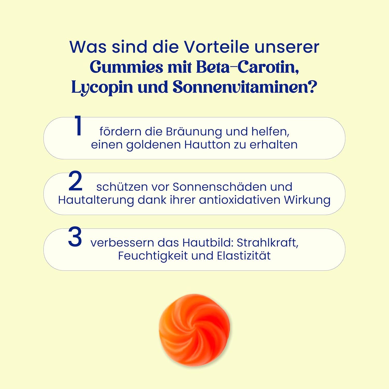 Vantaggi delle caramelle gommose con beta-carotene, licopene e vitamine solari. Favoriscono l'abbronzatura, proteggono dal sole, migliorano la pelle. Una caramella.