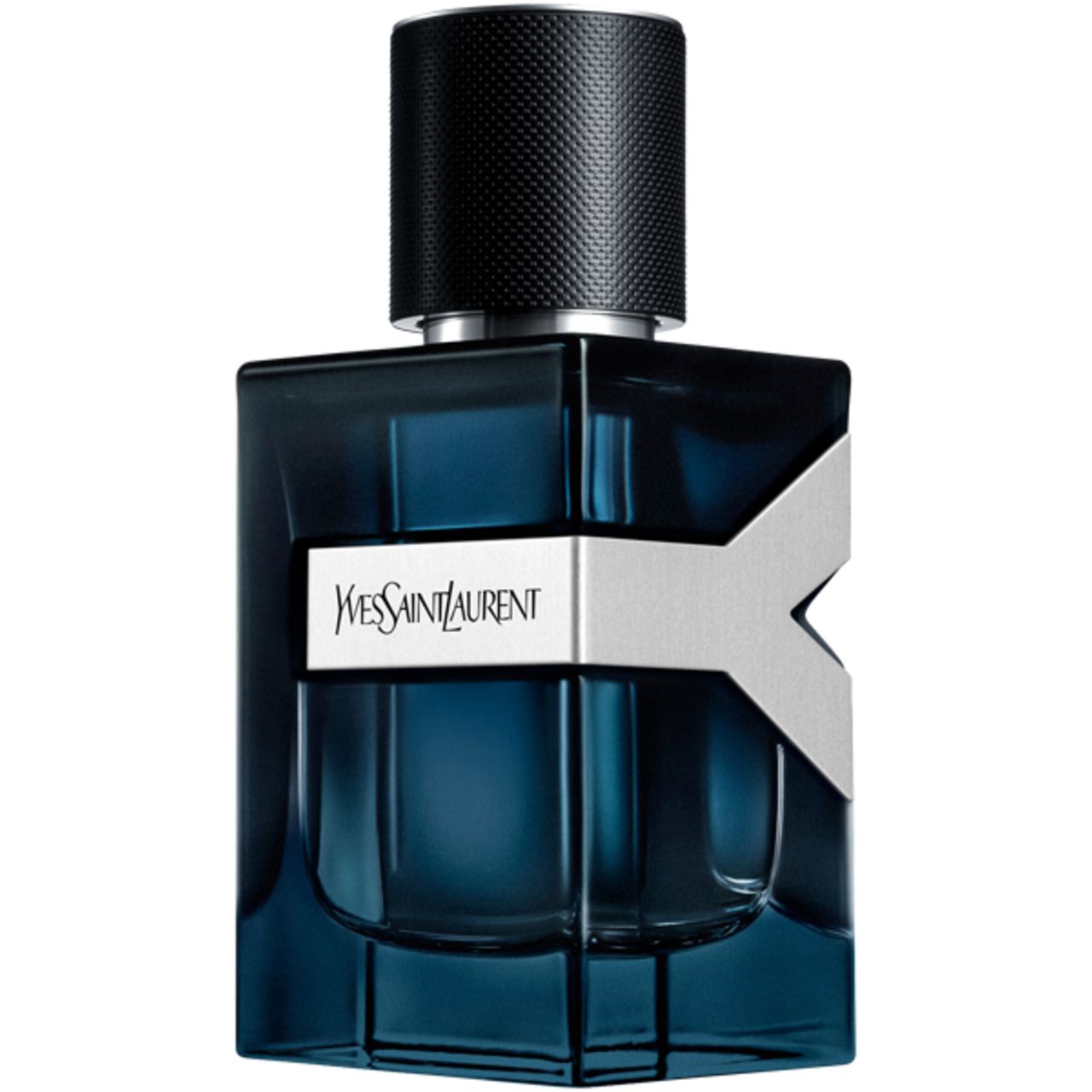 Flacone blu con tappo nero. Striscia argentata con logo Yves Saint Laurent. Forma squadrata.