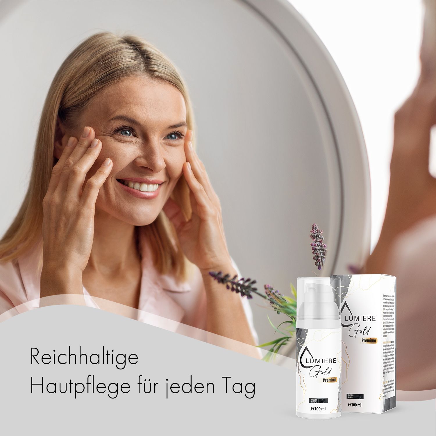 Donna si tocca il viso. Accanto a lei: flacone e scatola di crema. Scritta: Lumiere Gold Premium. Testo: Cura della pelle ricca.