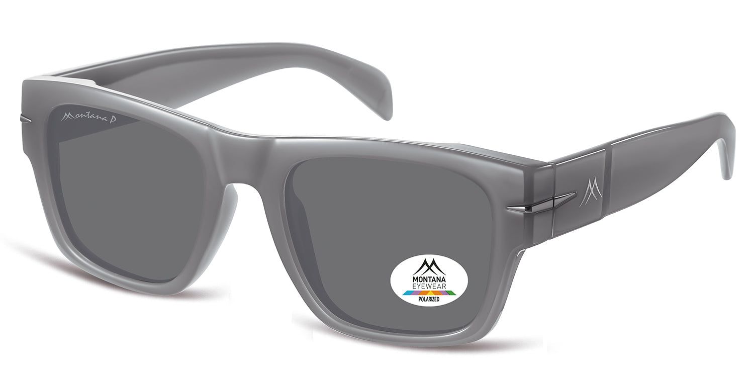 Occhiali da sole grigi, vista laterale. Lenti quadrate, logo Montana Eyewear. Adesivo Polarized.