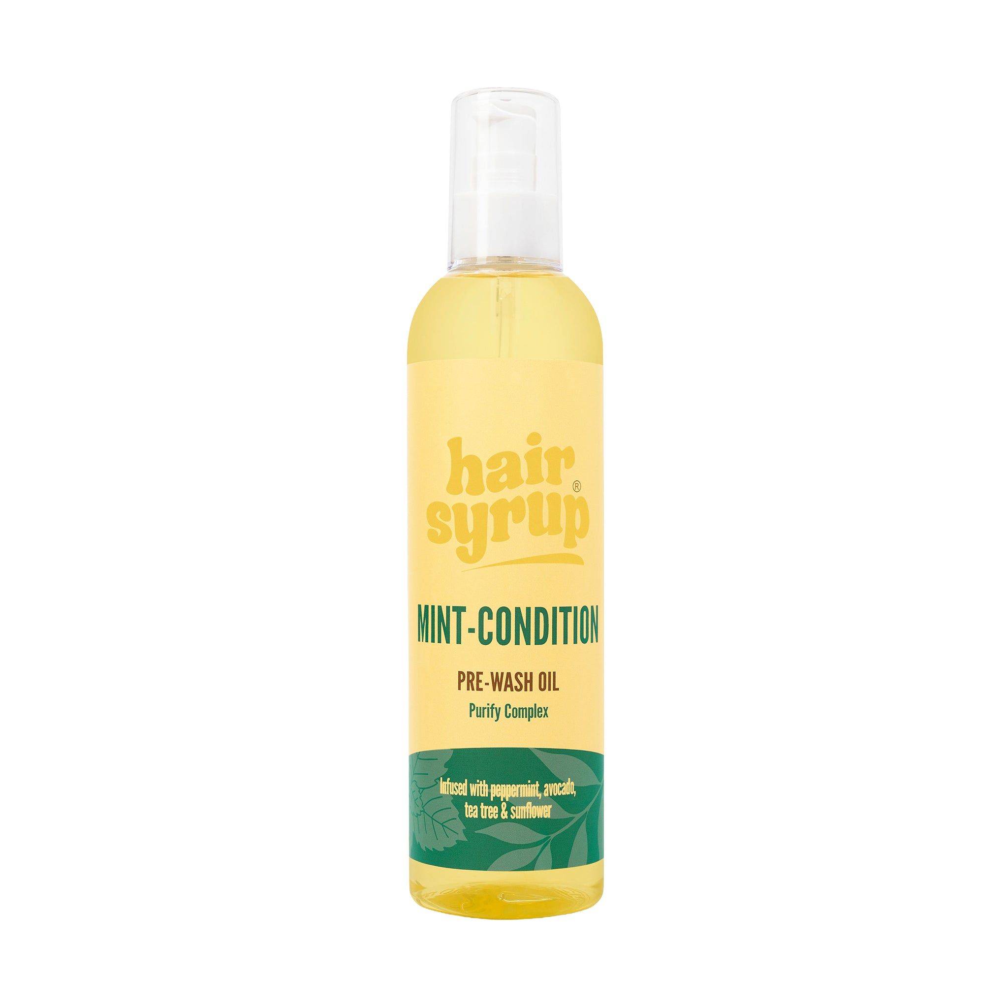 Flacone giallo "Hair Syrup Mint Condition" con tappo bianco. Scritta e dettagli verdi.
