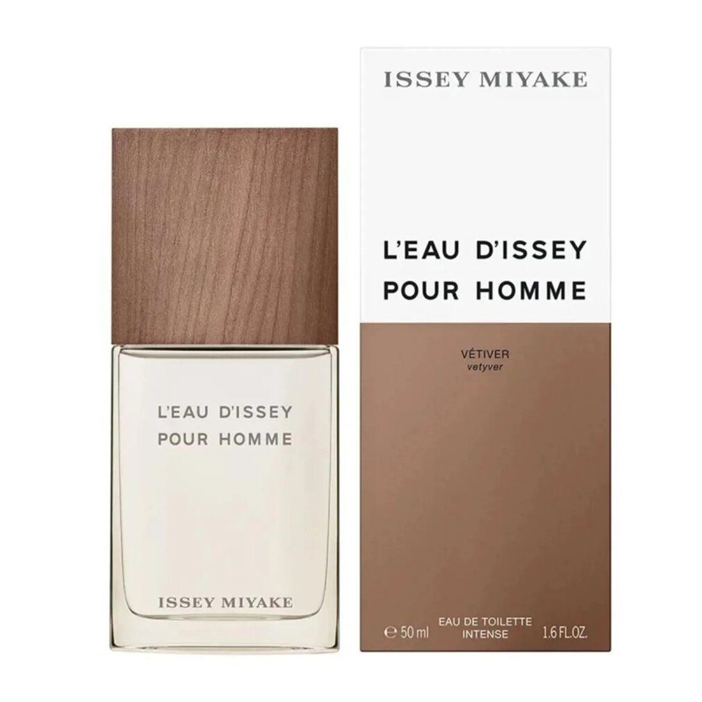 Flacone e confezione. Scritta: L'EAU D'ISSEY POUR HOMME, Vétiver, ISSEY MIYAKE. Confezione: 50 ml.