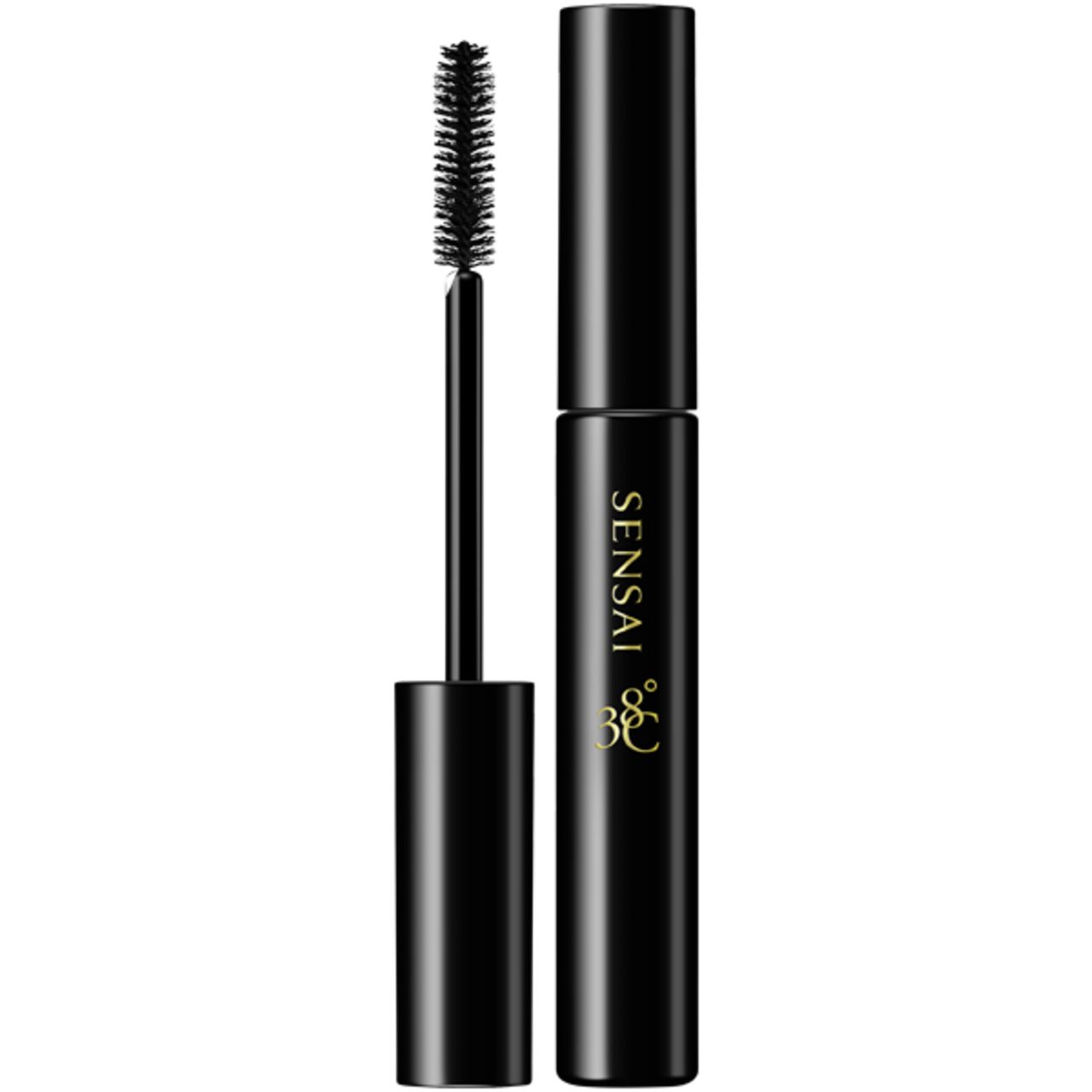 Tubo di mascara nero con scritta dorata 'SENSAI 38°C'. Spazzola accanto.