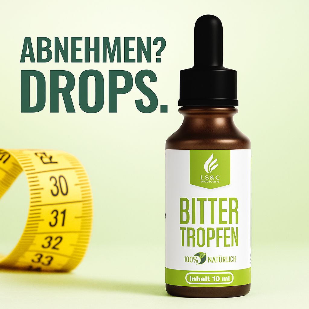 Flacone marrone con contagocce. Testo: ABNEHMEN? DROPS. Metro giallo. Scritta: BITTER TROPFEN, 100% NATURALE, Contenuto 10 ml.