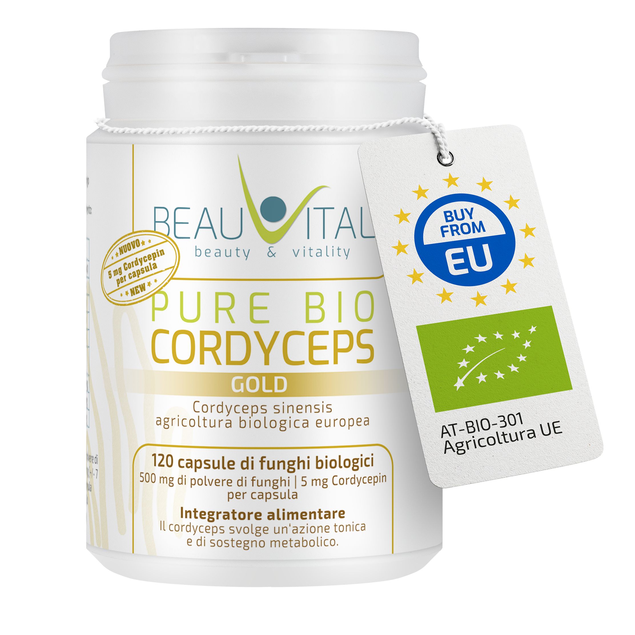Barattolo Beautytal Pure Bio Cordyceps Gold con sigillo biologico UE ed etichetta 'Acquista dall'UE'.