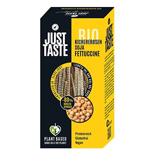 Confezione di Fettuccine bio di ceci Just Taste, vegan, senza glutine, ricca di proteine, 80% in meno di carboidrati.