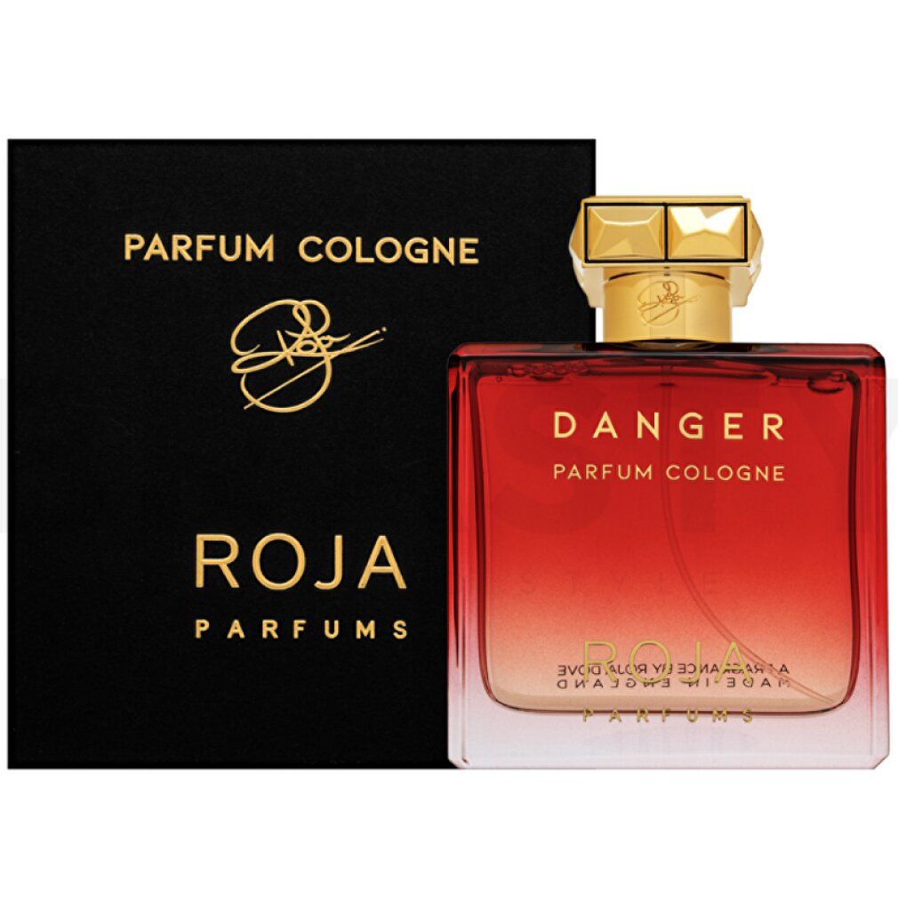 Scatola nera e flacone. Flacone con tappo dorato e sfumatura rossa. Scritta: Roja Parfums, Danger Parfum Cologne.