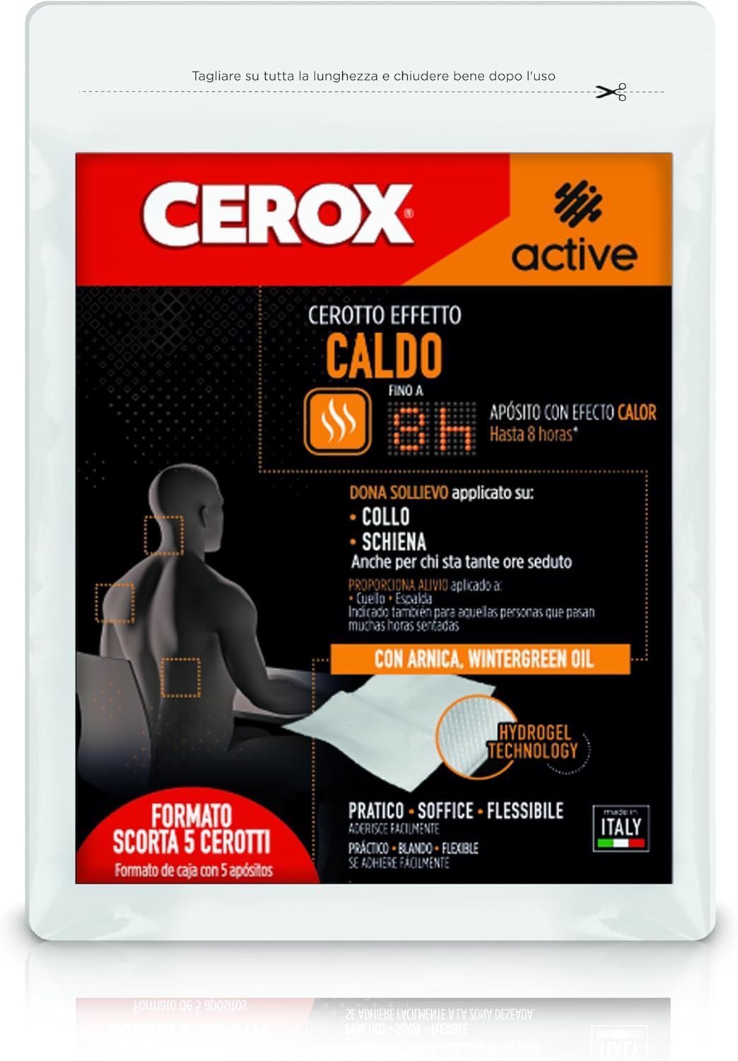CEROX ACTIVE Cerotto Effetto Caldo, Sollievo a Collo e Schiena, 1 Busta Richiudibile da 5 Cerotti