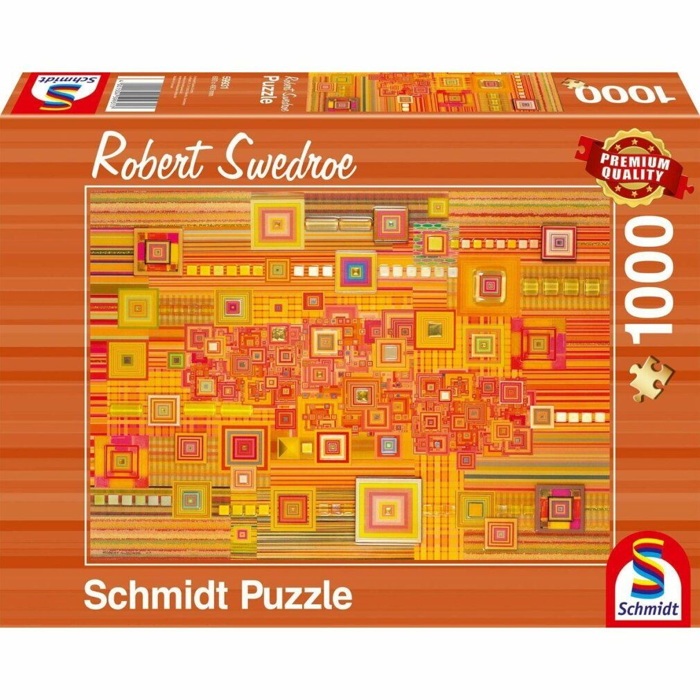 Scatola puzzle "Robert Swedroe". Disegno astratto di quadrati e linee arancioni e gialle. Marchio "Schmidt Puzzle". 1000 pezzi.