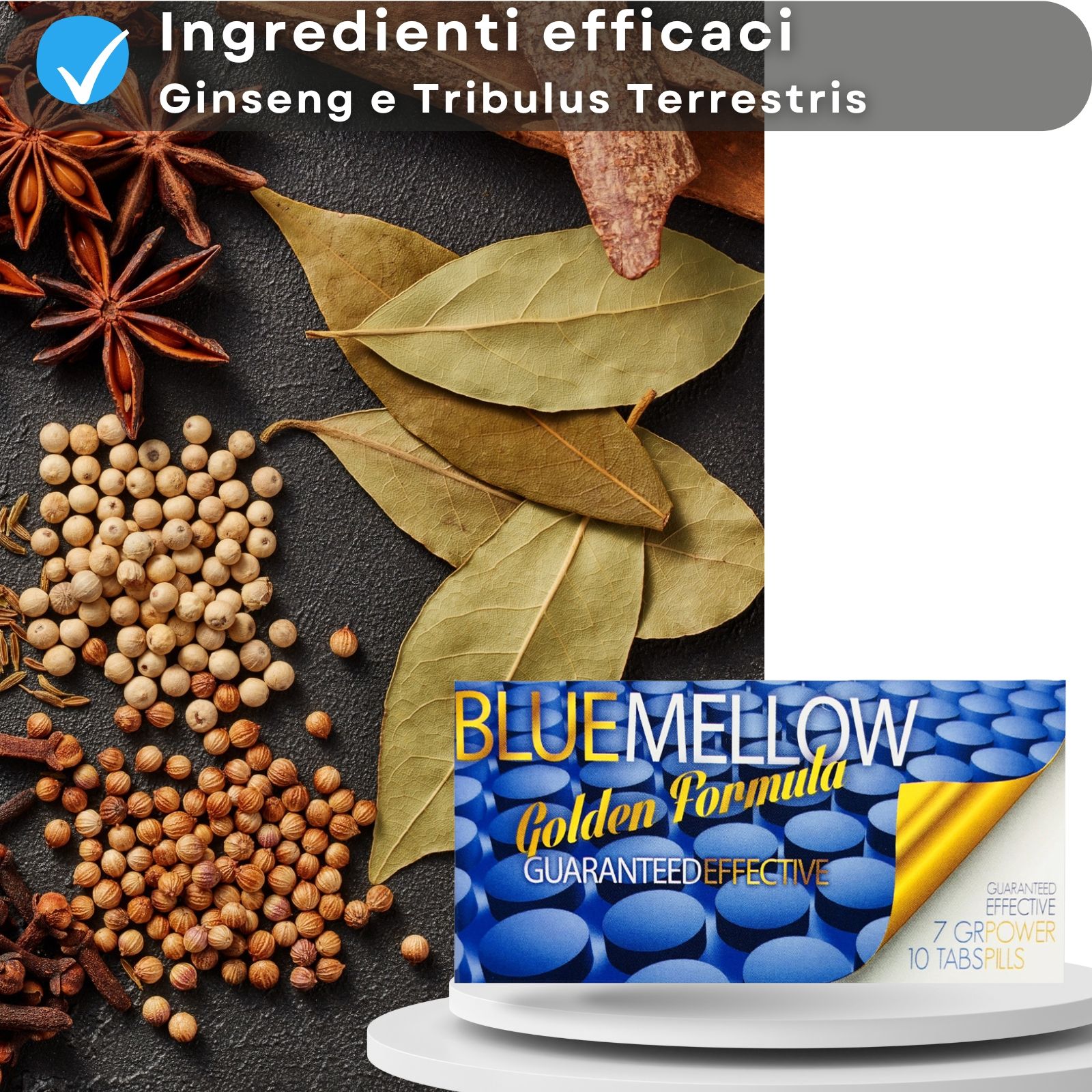 Varie spezie e confezione del prodotto. Scritta: BLUE MELLOW Golden Formula. 7 GR POWER, 10 TABS/PILLS.