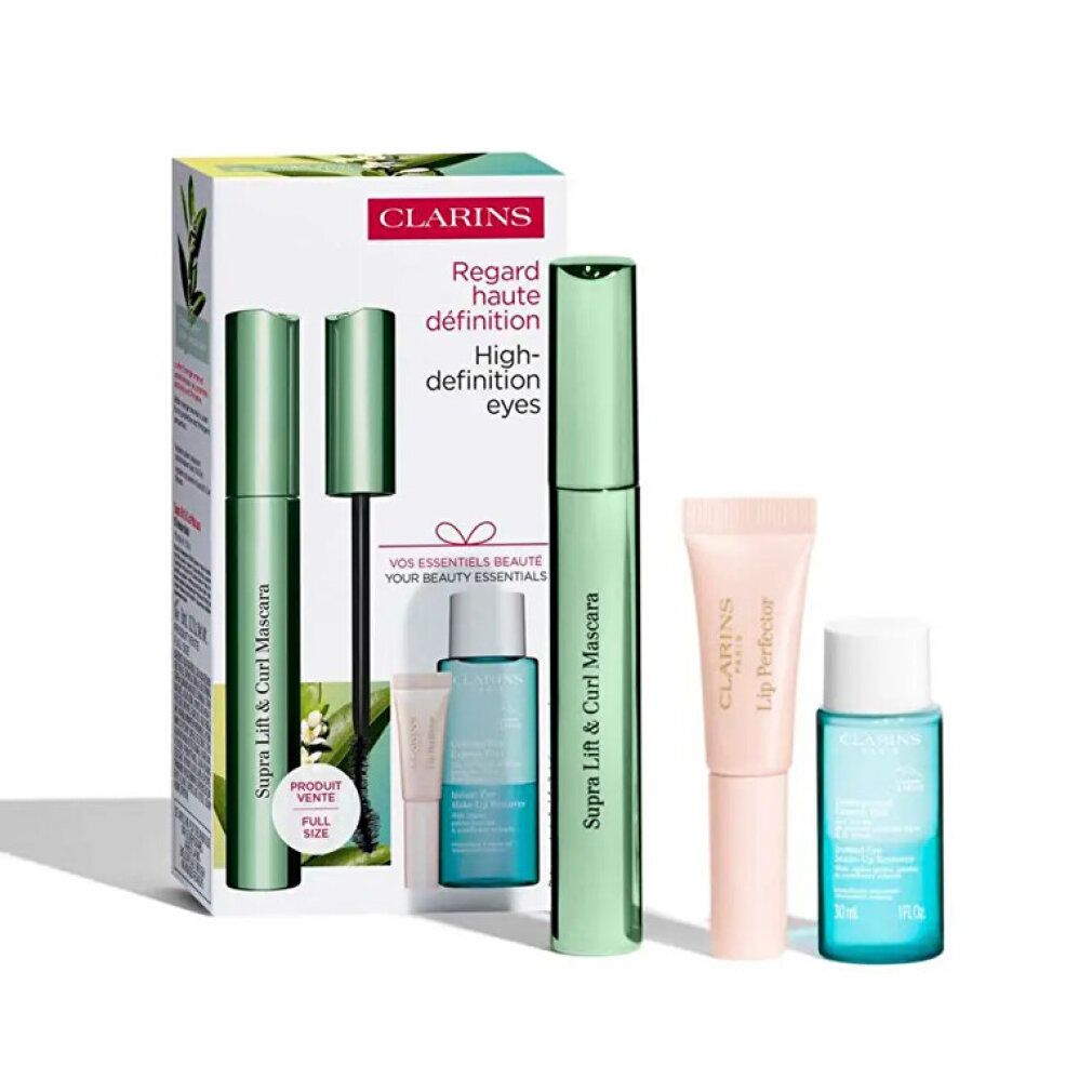 Set regalo con mascara, struccante occhi e perfezionatore labbra. Tubetti di mascara verdi e cura labbra rosa. Confezione con testo.