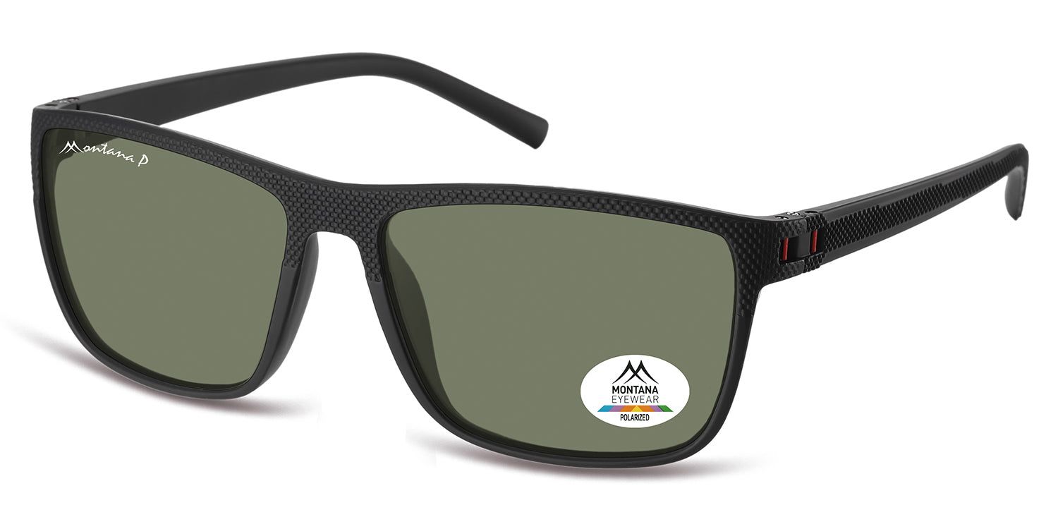 Occhiali da sole, montatura nera, lenti rettangolari. Logo 'Montana Eyewear' sull'asta. Adesivo 'Polarized'.