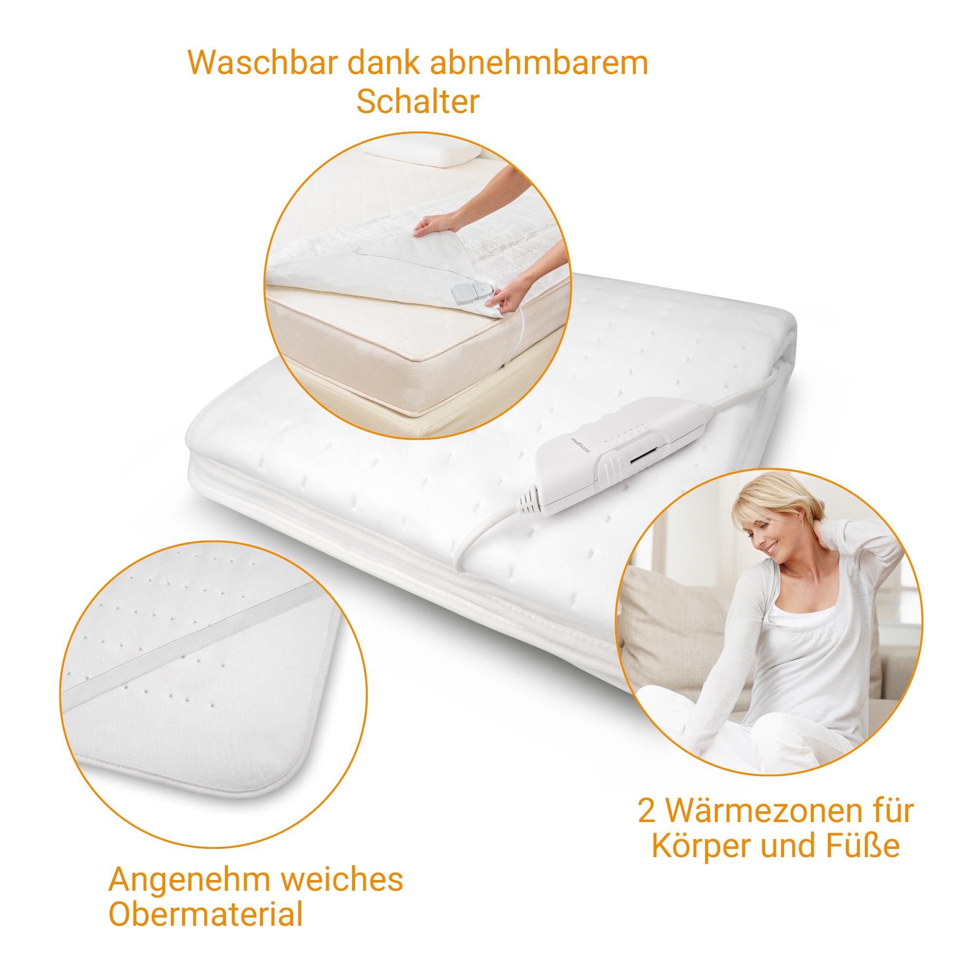 Coperta riscaldante con dettagli: interruttore rimovibile, materiale superiore morbido, 2 zone di calore per corpo e piedi.