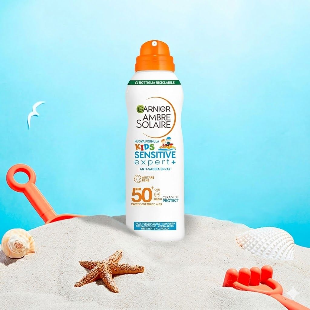 Spray solare bianco con tappo arancione. Testo: Garnier Ambre Solaire Kids Sensitive Expert+ Anti-Sand Spray SPF 50+. Sulla sabbia.