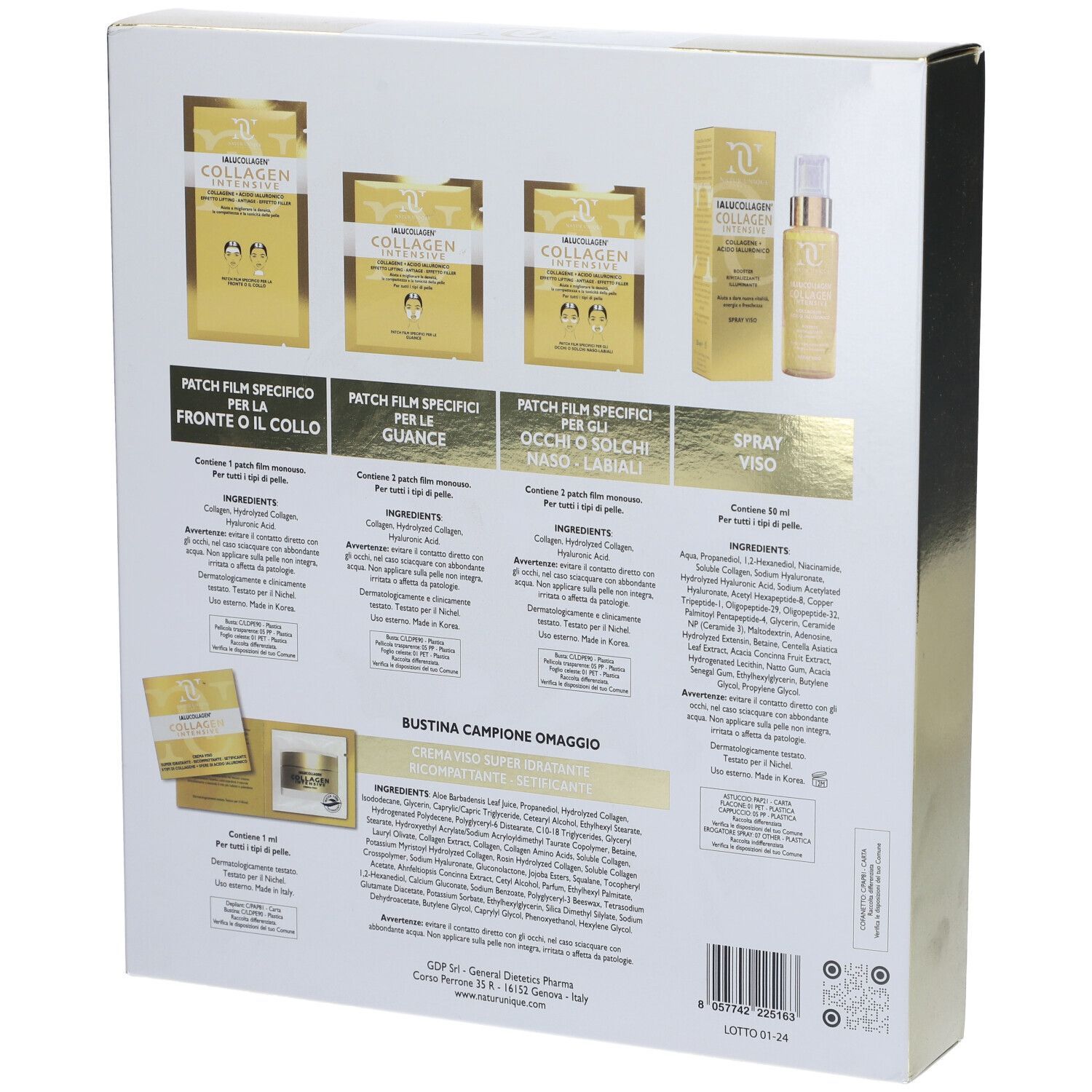 Retro della scatola dorata. Contiene confezioni di prodotti e informazioni testuali. Testo: Natur Unique, Ialucollagen.