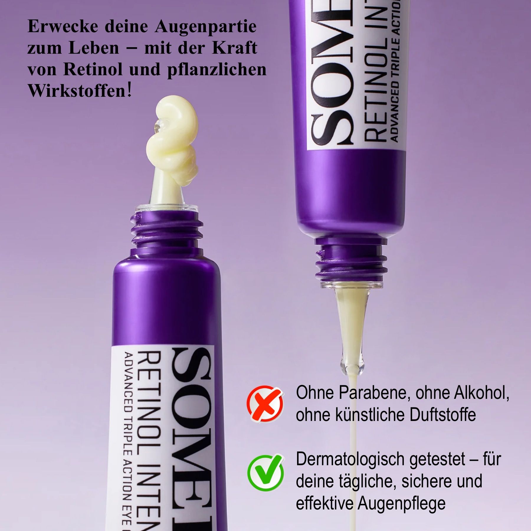 Due tubi. Testo: Senza parabeni, alcol, profumi artificiali. Dermatologicamente testato.