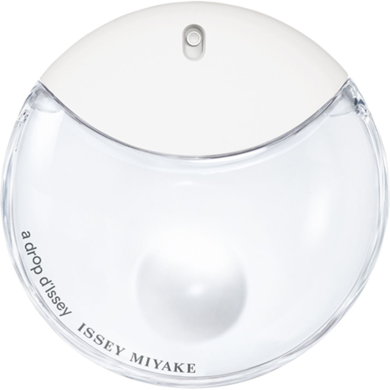 Flacone rotondo con tappo bianco. Scritta: a drop d'Issey, ISSEY MIYAKE.