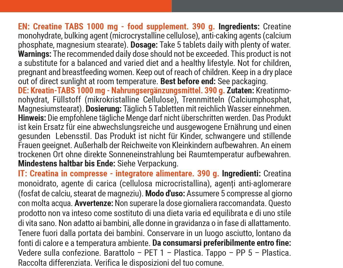 Retro di un barattolo di Creatine TABS 1000 mg con ingredienti, dosaggio e avvertenze.