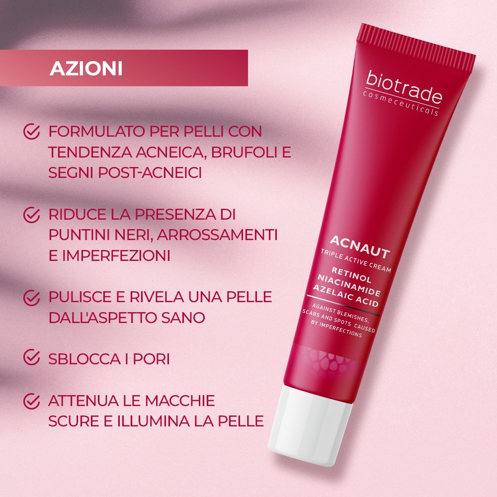 Tubo rosso con tappo bianco. Testo: Biotrade, Acnaut Triple Active Cream. Elenco delle azioni su sfondo rosa.